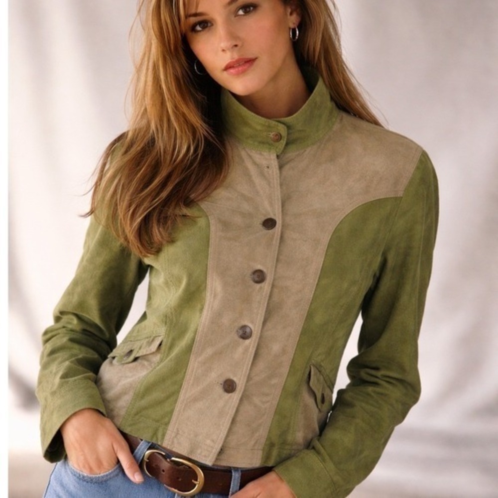 Think‎ Tank Olive Jean and Suede Mixed Media Jacket